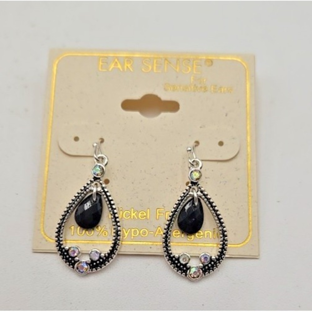Ear Sense Silver‎ Tone Tear Drop Black AB Stone Hypo-Allergenic Nickel Free Hook